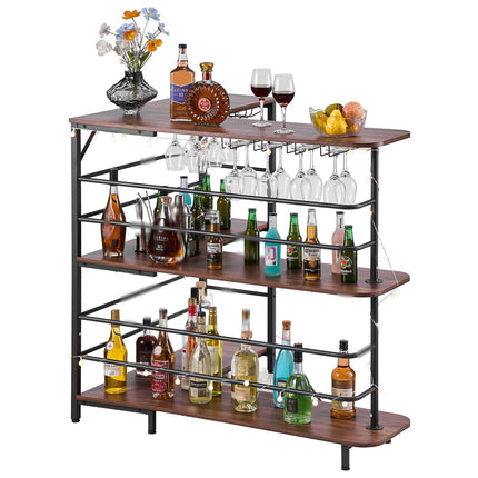 L-Shaped Home Bar Cabinet, 3-Tier, LED, Walnut, Metal Frame