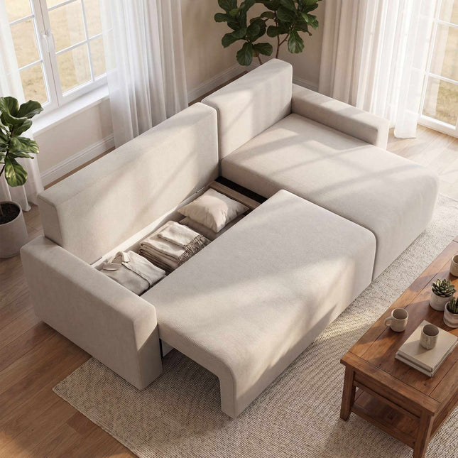 Canapea extensibilă în formă de L cu spațiu de depozitare, șezlong reversibil – bej