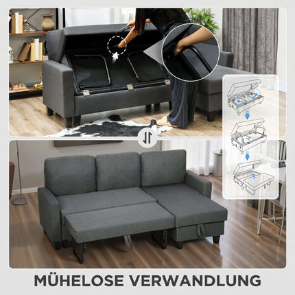 Canapea extensibilă în formă de L cu spațiu de depozitare, șezlong reversibil, gri