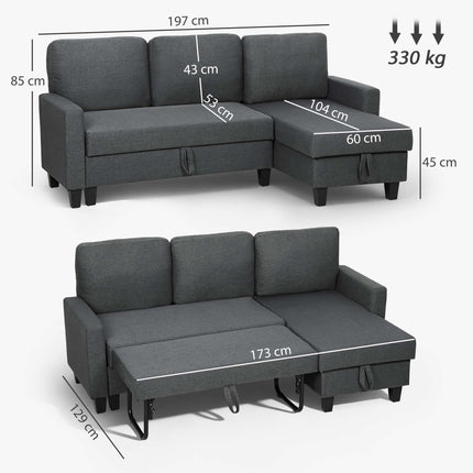 Canapea extensibilă în formă de L cu spațiu de depozitare, șezlong reversibil, gri
