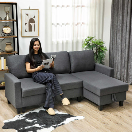 Canapea extensibilă în formă de L cu spațiu de depozitare, șezlong reversibil, gri