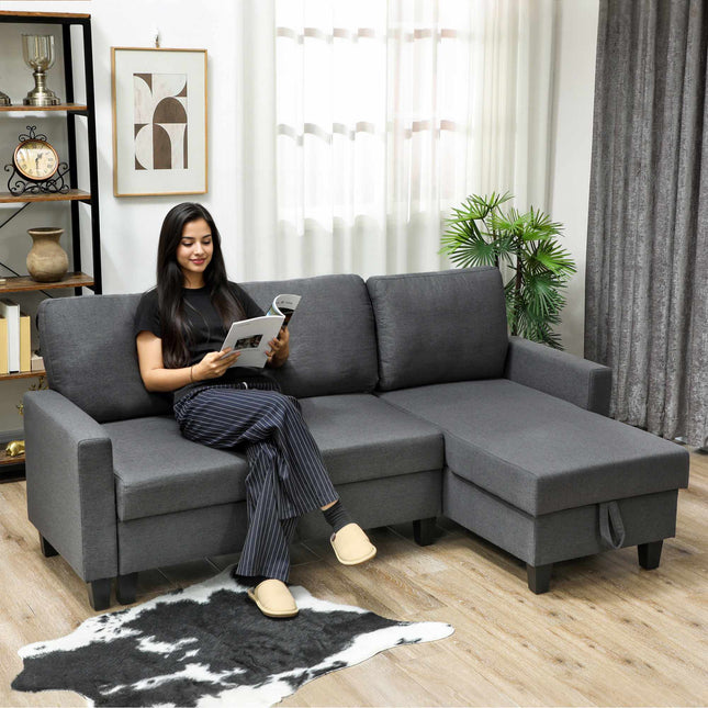 Canapea extensibilă în formă de L cu spațiu de depozitare, șezlong reversibil, gri