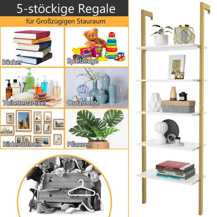 Ladder Shelf with 5 Levels & Metal Frame Standing Shelf Bookcase 61 x 30 x 183 cm Golden