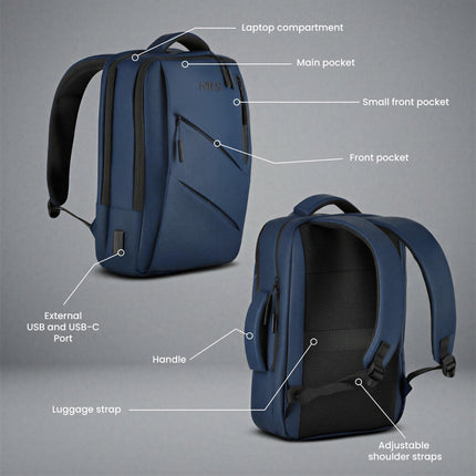 Rucsac pentru laptop, albastru, port de încărcare USB-C, 15L
