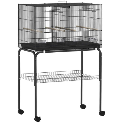Colivie mare pentru păsări cu suport, 4 stinghii, neagră, 76x46x116 cm