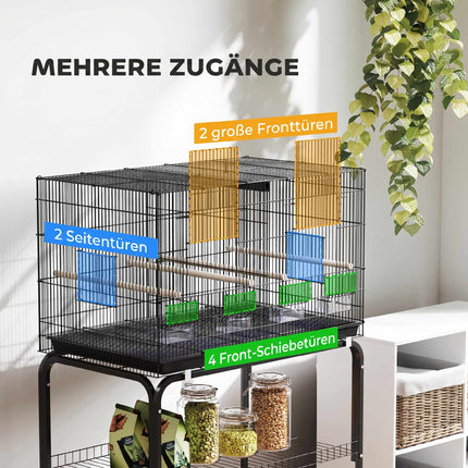 Colivie mare pentru păsări cu suport, 4 stinghii, neagră, 76x46x116 cm