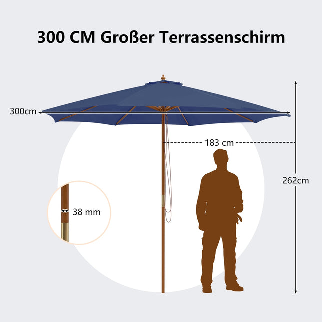 Umbrelă mare de terasă din lemn albastru, 300 cm, ventilată, reglabilă