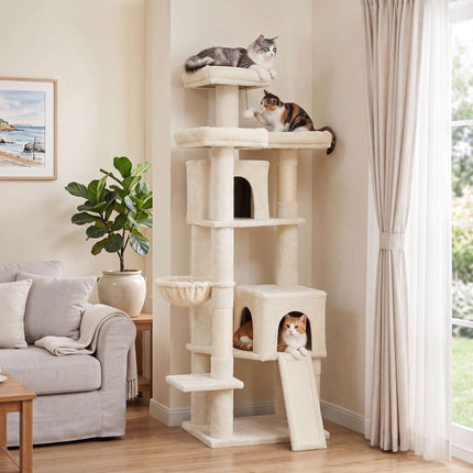 Large Cat Tree 184 cm with 5 Levels and Scratching Posts, 2 Caves, Beige