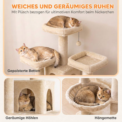 Large Cat Tree 184 cm with 5 Levels and Scratching Posts, 2 Caves, Beige