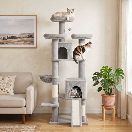 Large Cat Tree 184 cm with 5 Levels and Scratching Posts, 2 Caves, Light Grey