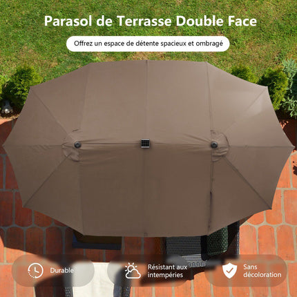 Umbrelă dublă mare pentru terasă cu lumini solare LED, maro