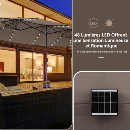 Umbrelă dublă mare pentru terasă cu lumini solare LED, maro