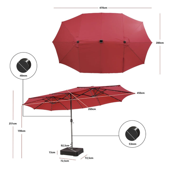 Umbrelă dublă mare pentru terasă cu lumini solare LED, roșie