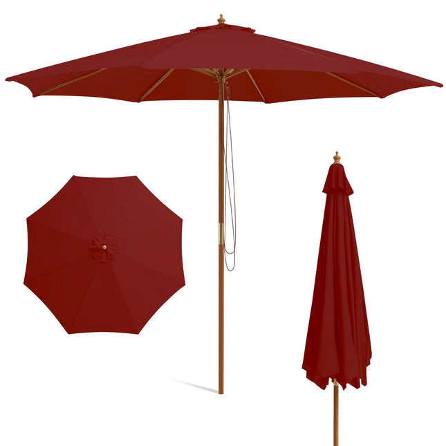 Umbrelă mare de terasă din lemn, 300 cm, roșie, cu nervuri din bambus