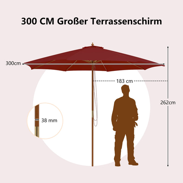 Umbrelă mare de terasă din lemn, 300 cm, roșie, cu nervuri din bambus