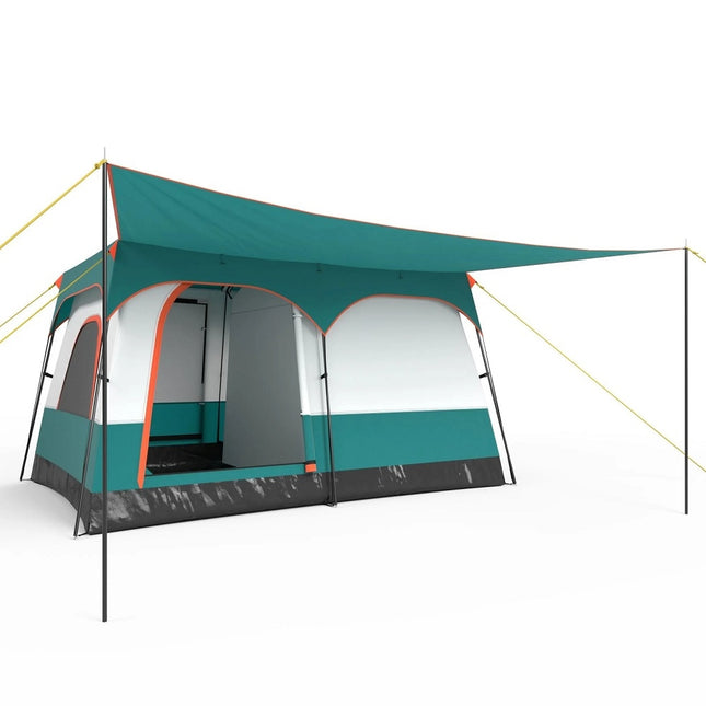 Cort de camping pentru 6 persoane, cu verandă și prelată de protecție împotriva ploii - S