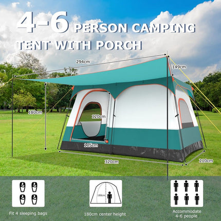 Cort de camping pentru 6 persoane, cu verandă și prelată de protecție împotriva ploii - S