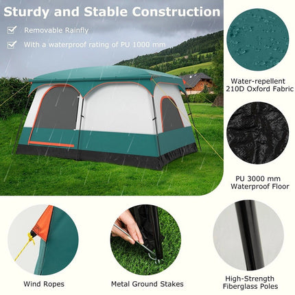 Cort de camping pentru 6 persoane, cu verandă și prelată de protecție împotriva ploii - S