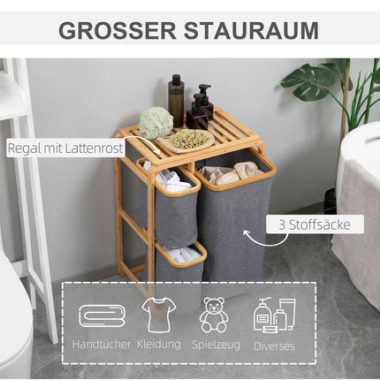 Bamboo laundry sorter with 3 removable bags, grey/natural