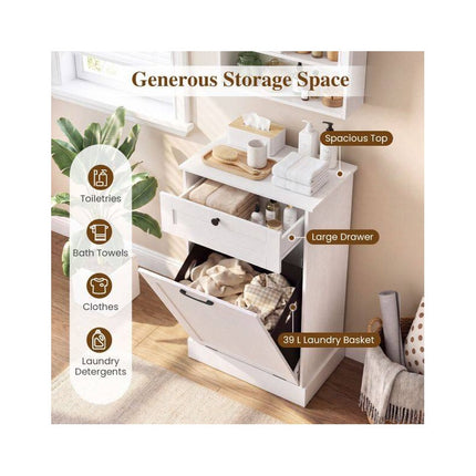 Laundry Cabinet with Tilt Out Hamper and Drawer, 39 L Removable Bin, White