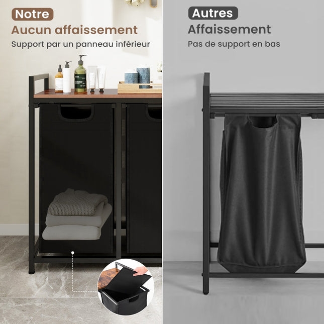 Coș de rufe cu raft, 2 saci detașabili, negru maro