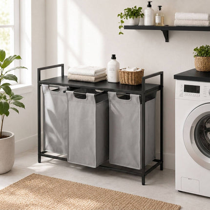 Laundry Sorter with 3 Pull-Out Bags and Top Shelf, 3 x 40 L, Black/Grey