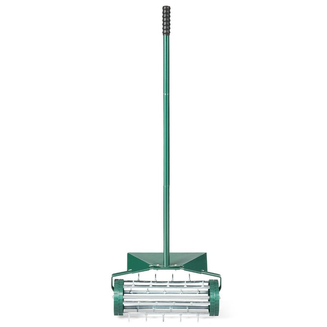 Rolă aerator de gazon rolă de gazon cu mâner și cuie de 3 cm și protecție împotriva stropilor 46 x 23 x 127 cm verde închis și argintiu