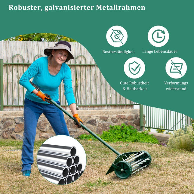 Rolă aerator de gazon rolă de gazon cu mâner și cuie de 3 cm și protecție împotriva stropilor 46 x 23 x 127 cm verde închis și argintiu