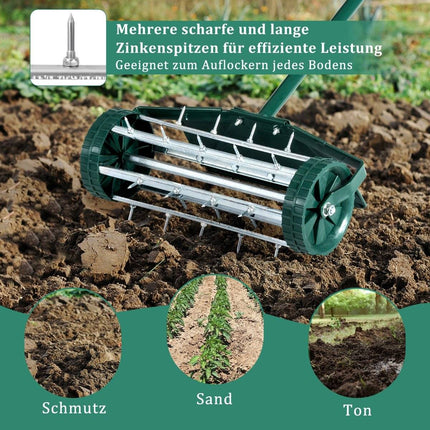 Lawn aerator roller lawn roller with handle & 3cm nails & splash guard 46 x 23 x 127 cm dark green and silver