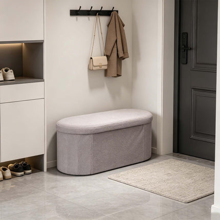 Bancă de depozitare din material textil Teddy gri deschis – ovală, 76 cm