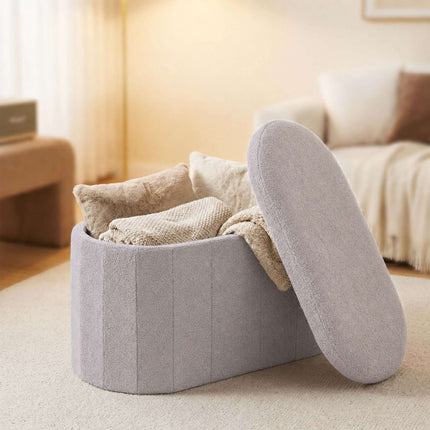 Bancă de depozitare din material textil Teddy gri deschis – ovală, 76 cm