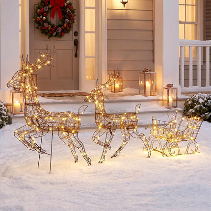 Light-Up Reindeer and Sleigh Set with 240 LEDs, 3 Pieces, 8 Modes, Timer