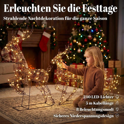 Light-Up Reindeer and Sleigh Set with 240 LEDs, 3 Pieces, 8 Modes, Timer