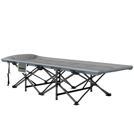 Light gray folding camping bed with mattress and pillow, 150 kg capacity