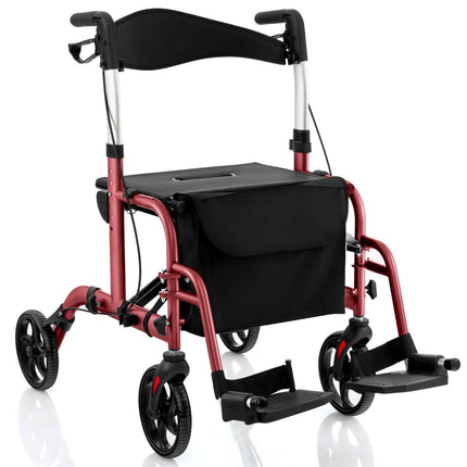 Rollator ușor pliabil și scaun cu rotile 2 în 1, roșu
