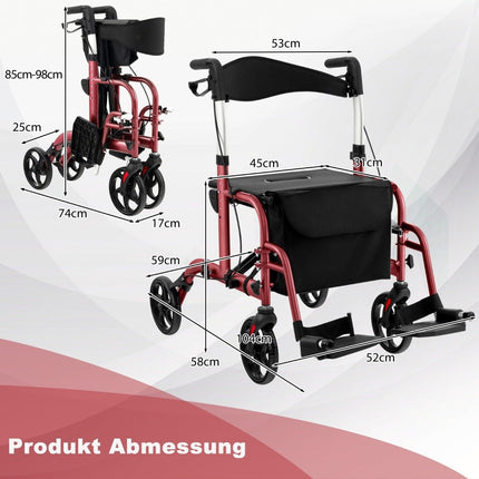 Rollator ușor pliabil și scaun cu rotile 2 în 1, roșu