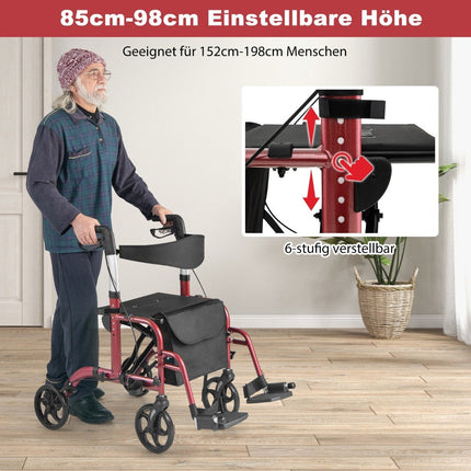 Rollator ușor pliabil și scaun cu rotile 2 în 1, roșu