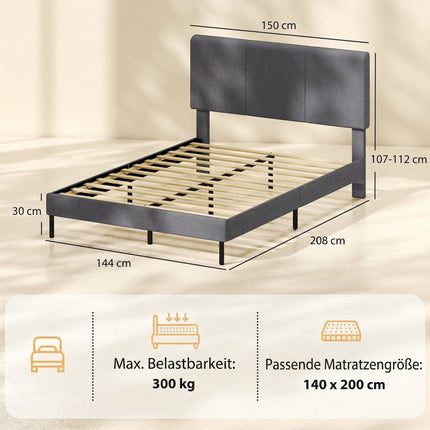 Linen-Look Bed Frame 140 x 200 cm with Adjustable Headboard, Dark Grey, 12 Slats