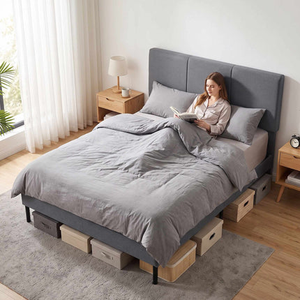 Linen-Look Bed Frame 140 x 200 cm with Adjustable Headboard, Dark Grey, 12 Slats