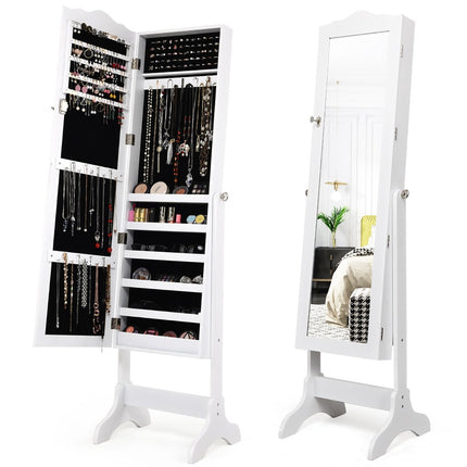 Lockable Jewelry Cabinet Standing Design with Adjustable Angle with Full Length Mirror 45 x 37 x 160 cm White