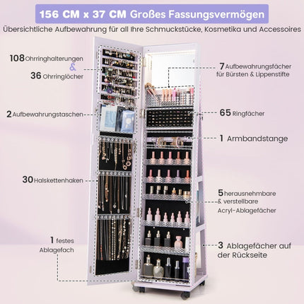 Dulap pentru bijuterii cu încuietoare, oglindă, rafturi reglabile, LED