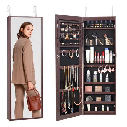 Lockable Mirror Jewelry Cabinet, 42.5 in, LED, Brown
