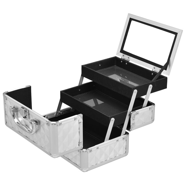 Geantă de machiaj portabilă cu încuietoare, oglindă, argintie