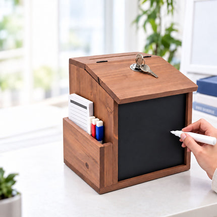 Lockable Solid Wood Suggestion Box with Chalkboard, 50 Cards, Natural