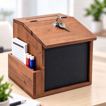 Lockable Solid Wood Suggestion Box with Chalkboard, 50 Cards, Natural