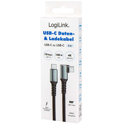 Cablu LogiLink USB-C la USB-C 2 m, unghi de 90°, 100W PD, gri/negru, 4K 60Hz