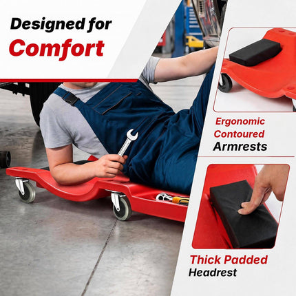 Low Profile Garage Creeper 101 cm with Padded Headrest, Red, 6 Swivel Casters