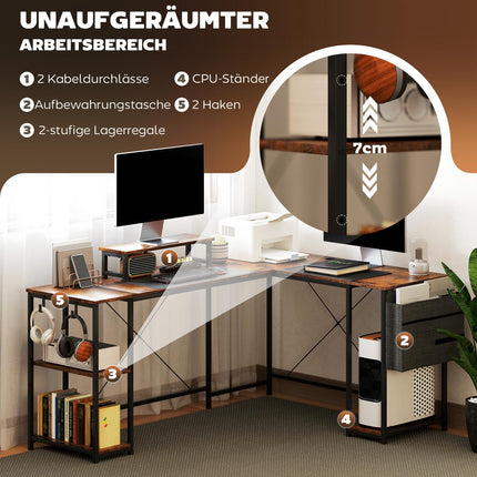 L-shaped corner desk with storage, reversible, rustic brown