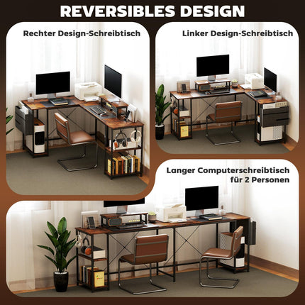 L-shaped corner desk with storage, reversible, rustic brown
