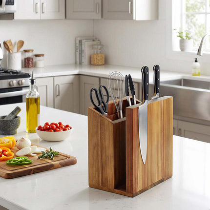 Magnetic Knife Block with Utensil Holder, Acacia Wood, Brown